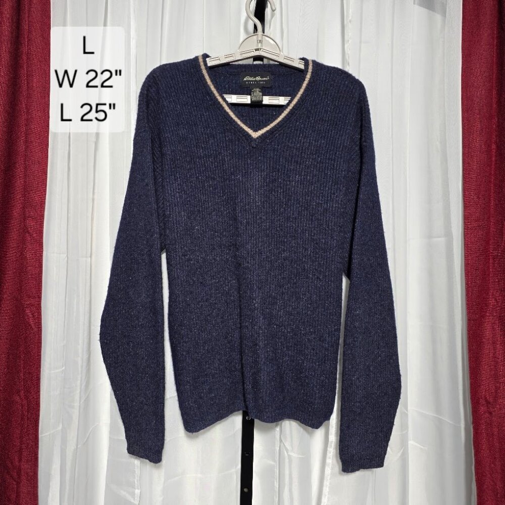 Eddie Bauer Sweater Mens Large Blue Lambswool Blend V-Neck Tipped Pullover Warm